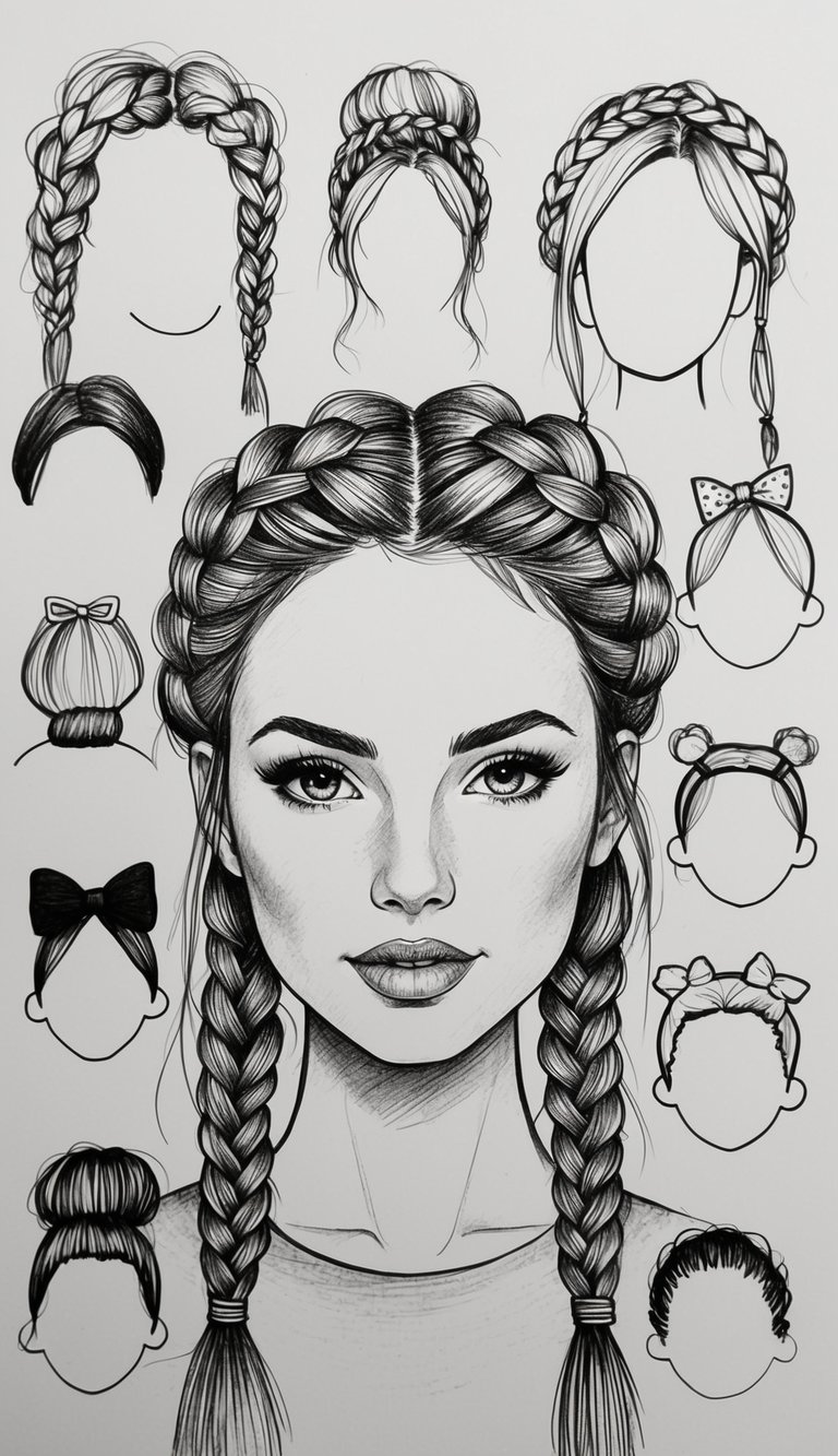 21 Cute Hairstyle Drawings for Women: Fresh Looks to Try 21 A woman's head with Dutch braids, surrounded by various cute hair accessories and styles