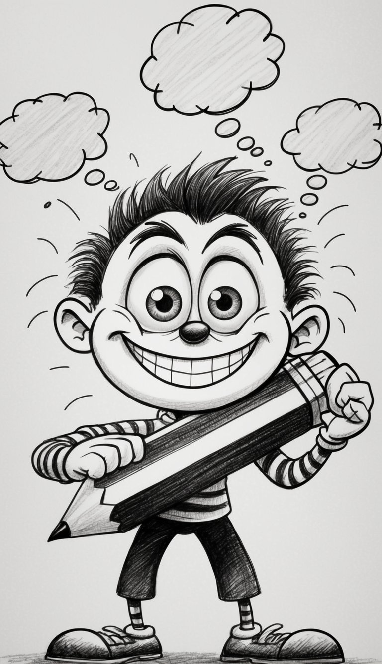 A mischievous cartoon character with oversized eyes and a big smile, holding a giant pencil and surrounded by floating thought bubbles