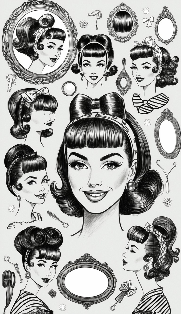 21 Cute Hairstyle Drawings for Women: Fresh Looks to Try 22 A woman with pin-up bangs in various cute hairstyles, surrounded by vintage hair accessories and mirrors