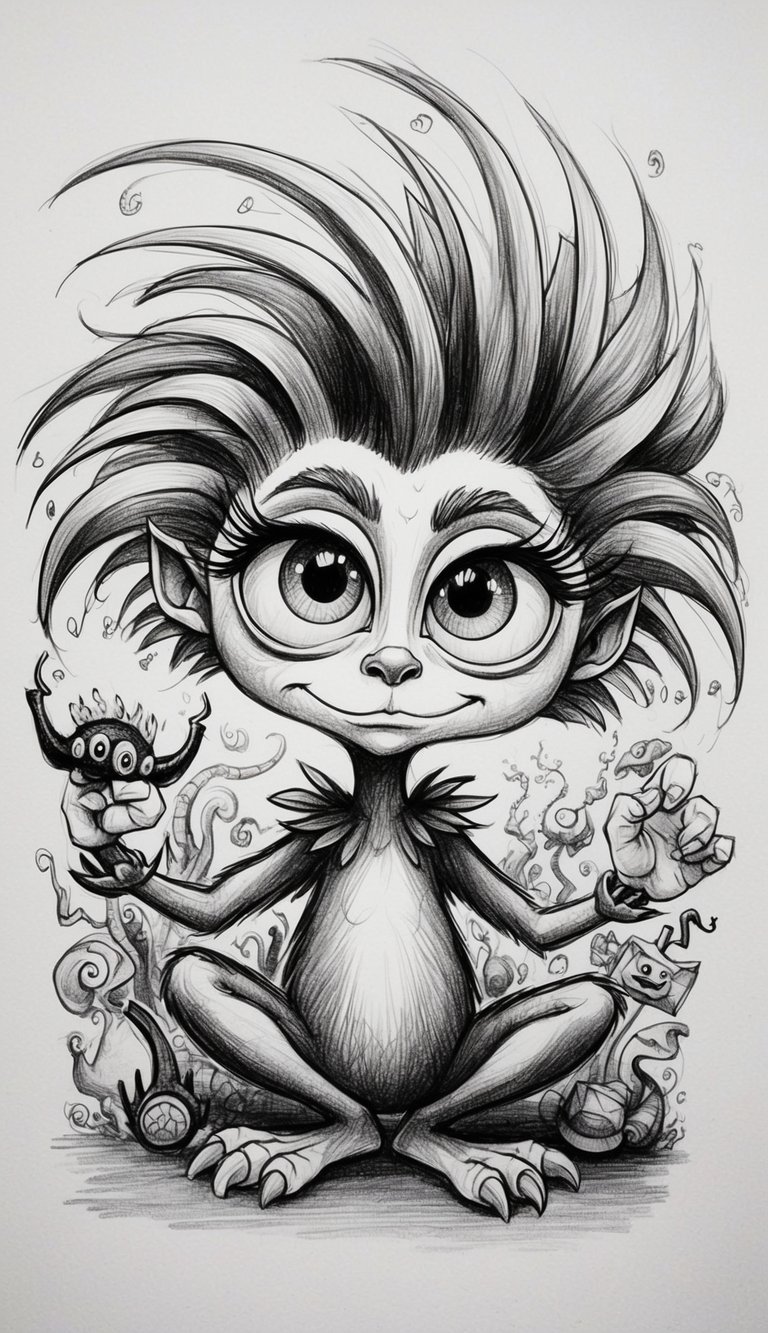 A whimsical creature with large expressive eyes, dynamic hair, and exaggerated features, surrounded by vibrant and fantastical elements