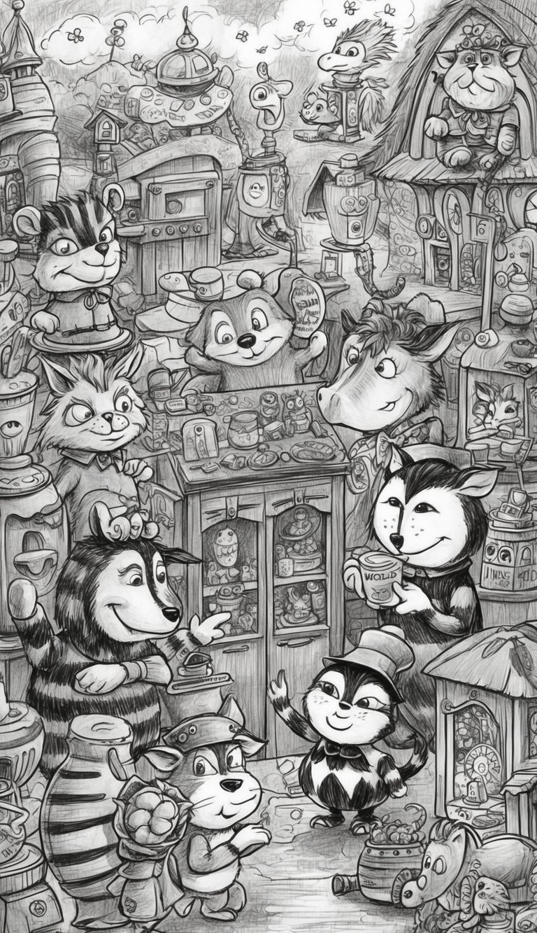 A colorful, whimsical world with various anthropomorphic animals and objects, each with unique features and personalities, interacting in a vibrant, cartoonish setting