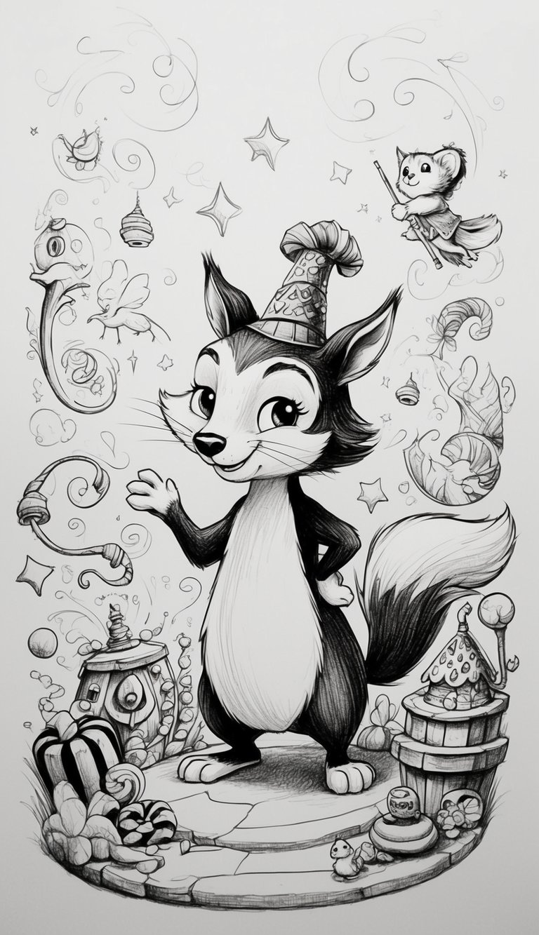 A whimsical animal character surrounded by colorful, magical elements in a lively and enchanting setting