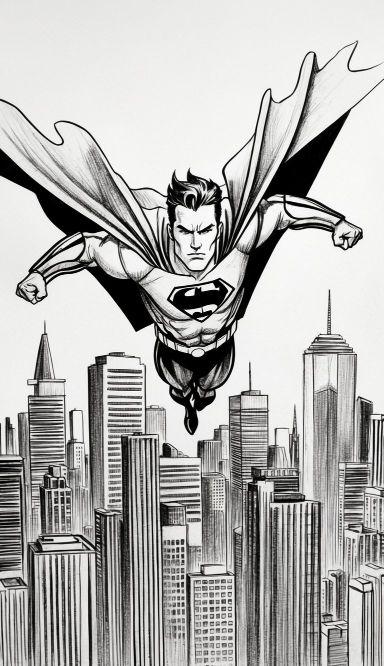 A superhero soaring through a city skyline, with a cape billowing behind and a determined expression on their face