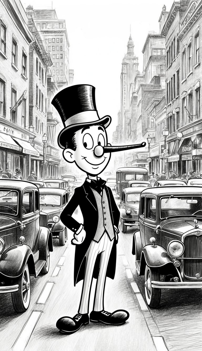A vintage cartoon character stands in a bustling city street, surrounded by old-fashioned cars and buildings, wearing a top hat and monocle