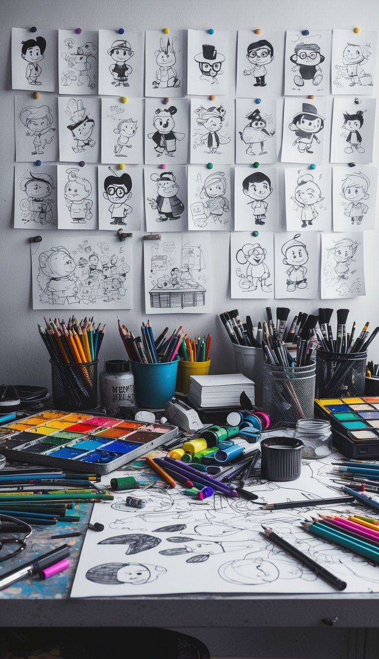 A colorful palette of art supplies scattered across a messy desk, with sketches and doodles of various cartoon characters pinned to the wall for inspiration