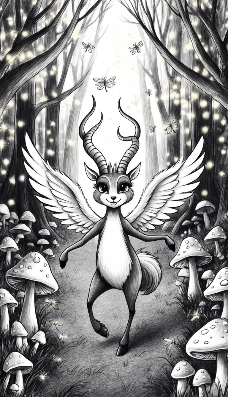A whimsical creature with wings and horns prancing through a magical forest surrounded by glowing mushrooms and sparkling fireflies