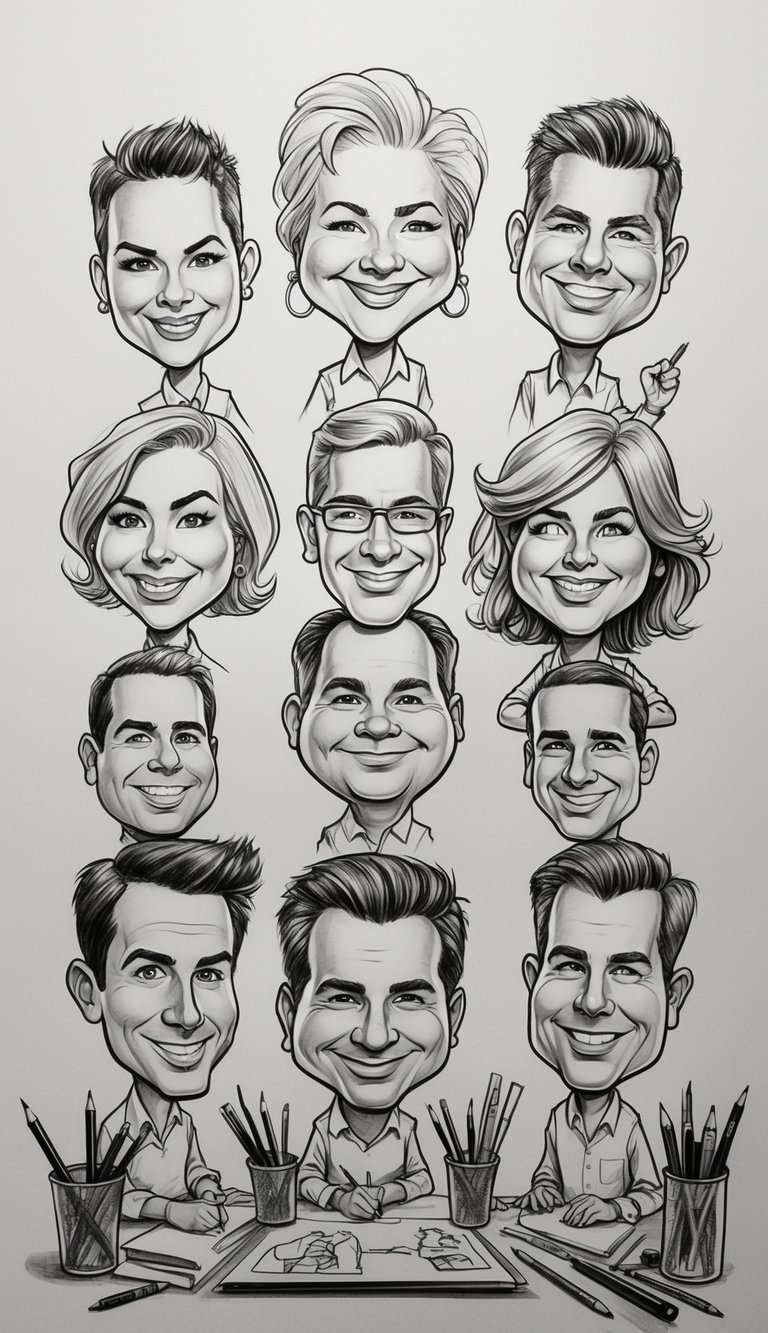 A group of cartoon caricatures in various poses and expressions, surrounded by drawing supplies and tools