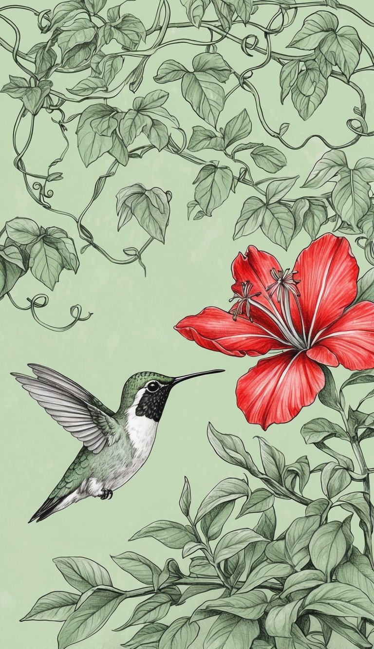 13 Hummingbird Drawing Ideas to Inspire Your Creativity 2 A hummingbird hovering near a vibrant red flower, with a lush green background of leaves and vines