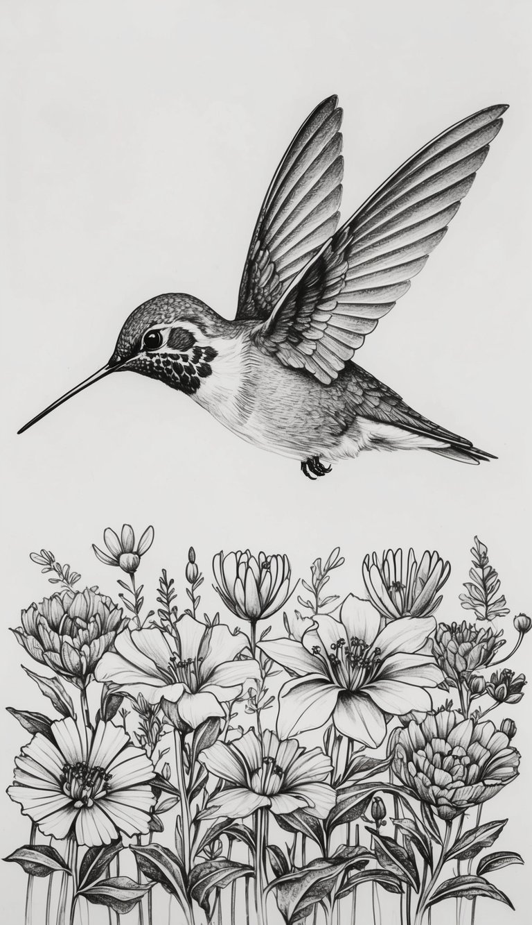 13 Hummingbird Drawing Ideas to Inspire Your Creativity 6 A vibrant hummingbird hovers above a colorful array of blooming flowers, with intricate details in the feathers and petals