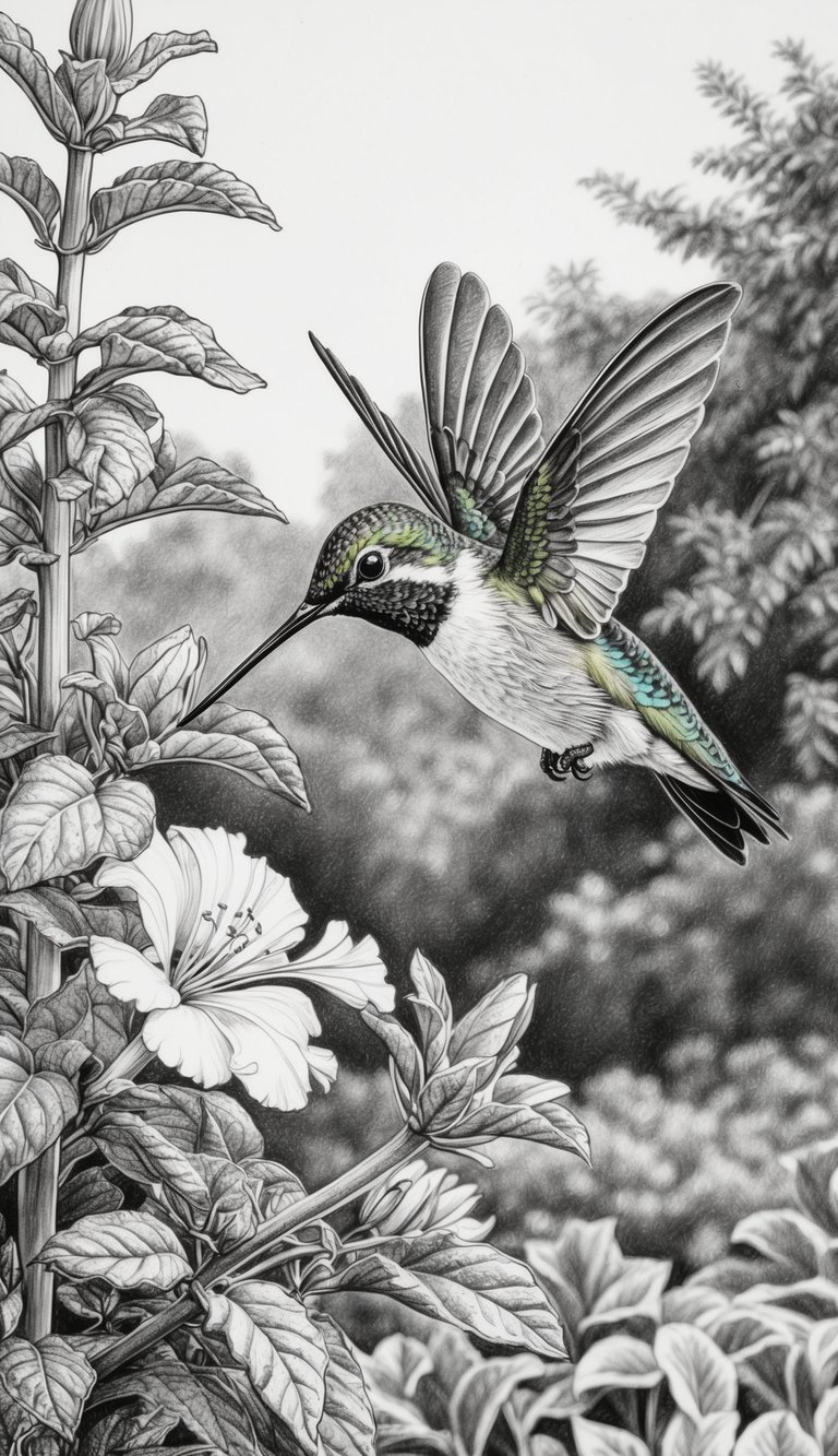 13 Hummingbird Drawing Ideas to Inspire Your Creativity 7 A vibrant hummingbird hovers near a blooming flower in a lush garden setting. The bird's iridescent feathers catch the sunlight as it flits among the foliage