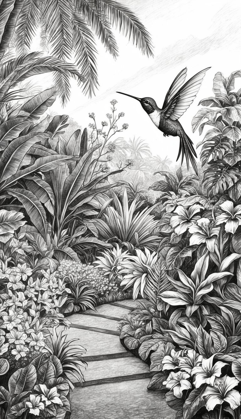13 Hummingbird Drawing Ideas to Inspire Your Creativity 14 A vibrant, tropical garden with lush foliage and colorful flowers, where a mythical hummingbird creature flits gracefully among the blooms