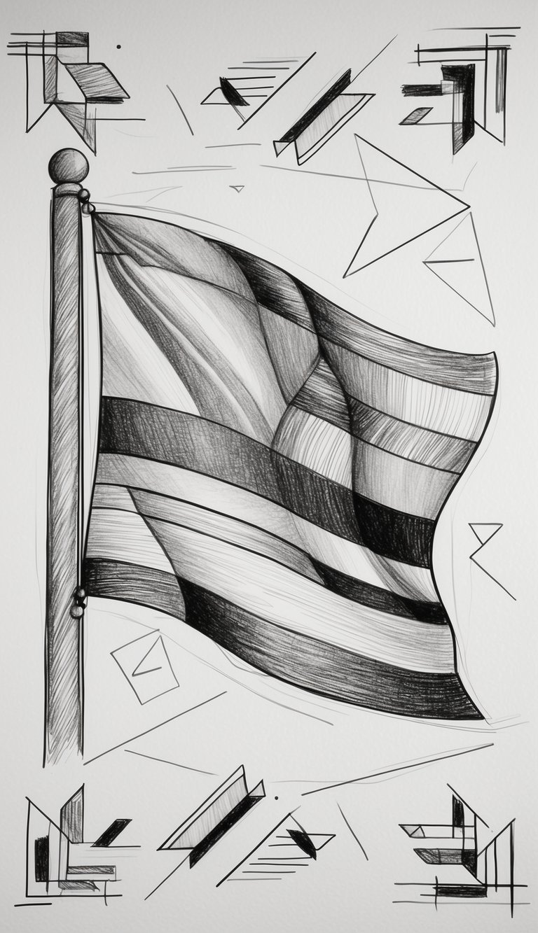 14 Flag Drawing Ideas and Templates for Patriotic Art Projects 5 A colorful abstract flag waving in the wind, surrounded by geometric shapes and patterns