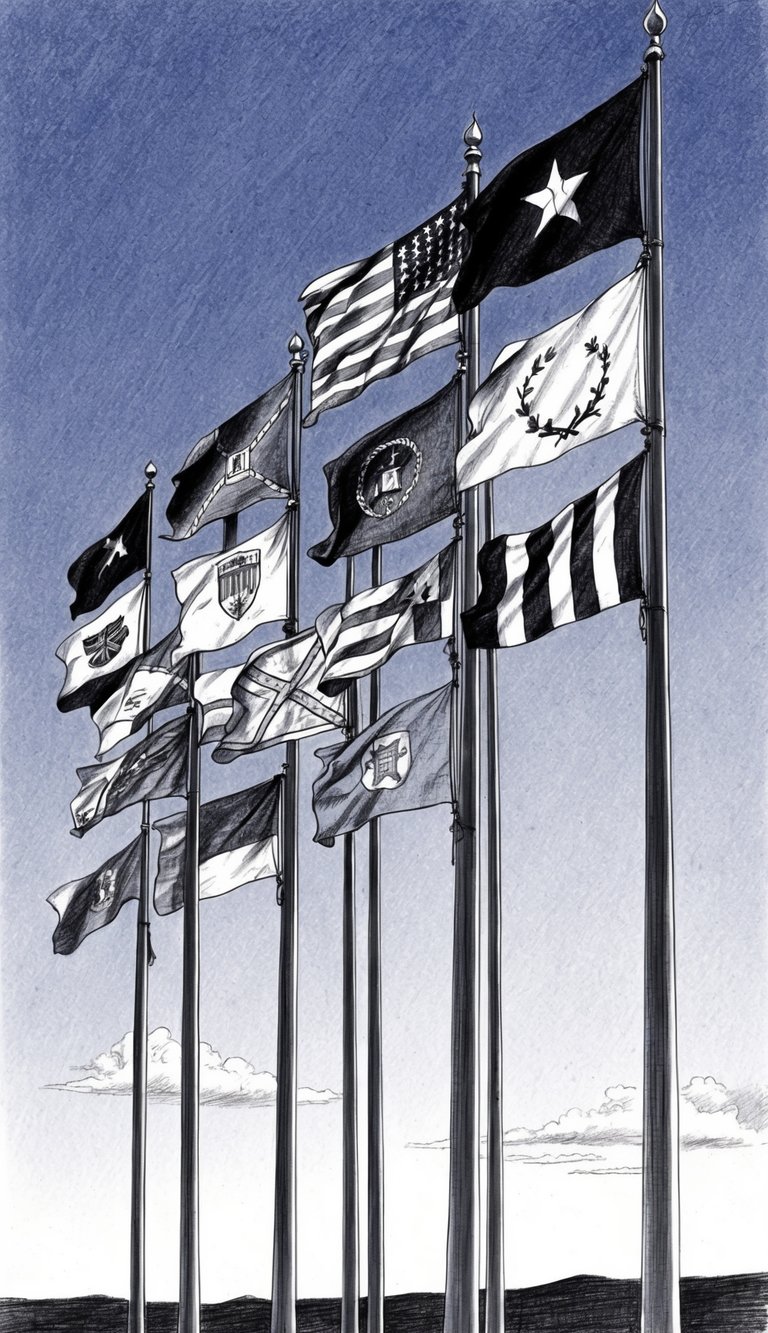14 Flag Drawing Ideas and Templates for Patriotic Art Projects 7 A group of 14 historical flags displayed on poles, fluttering in the wind against a clear blue sky