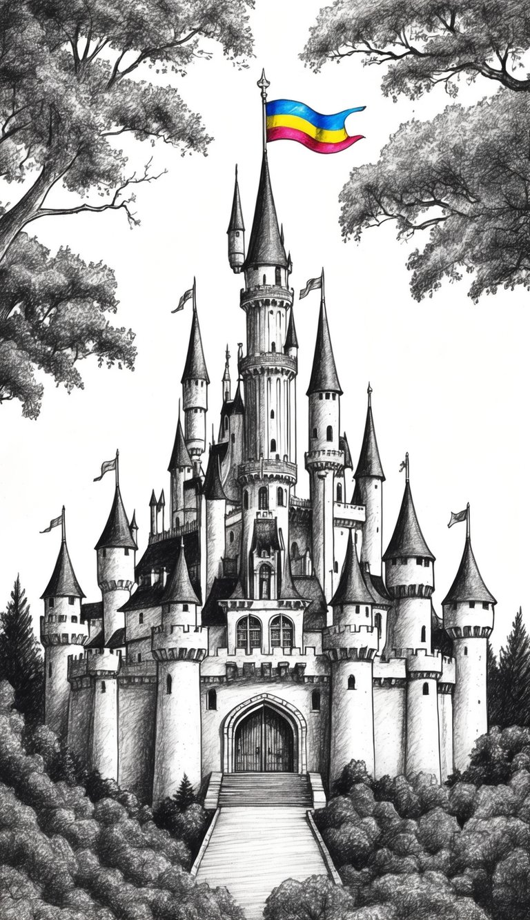 14 Flag Drawing Ideas and Templates for Patriotic Art Projects 11 A majestic castle surrounded by lush forests, with a colorful fantasy world flag flying high above the turrets