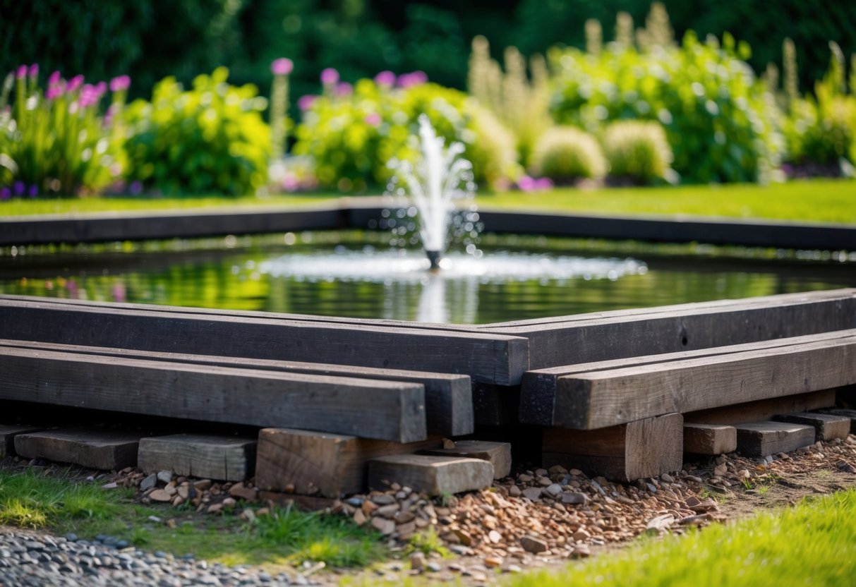 A raised pond made with railway sleepers, surrounded by lush greenery and possibly with a small fountain or waterfall feature