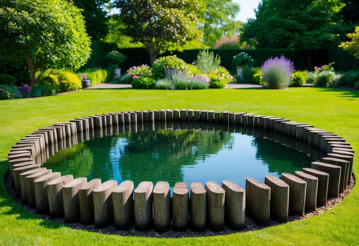 A raised pond made of railway sleepers, surrounded by lush greenery and filled with clear water, sits in a tranquil garden setting