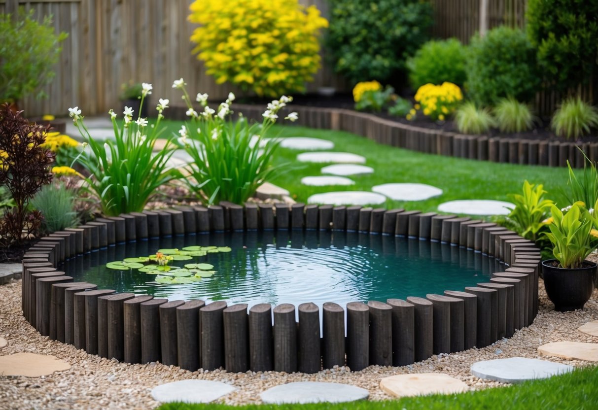 A raised pond made of railway sleepers surrounded by a landscaped garden with plants and stepping stones