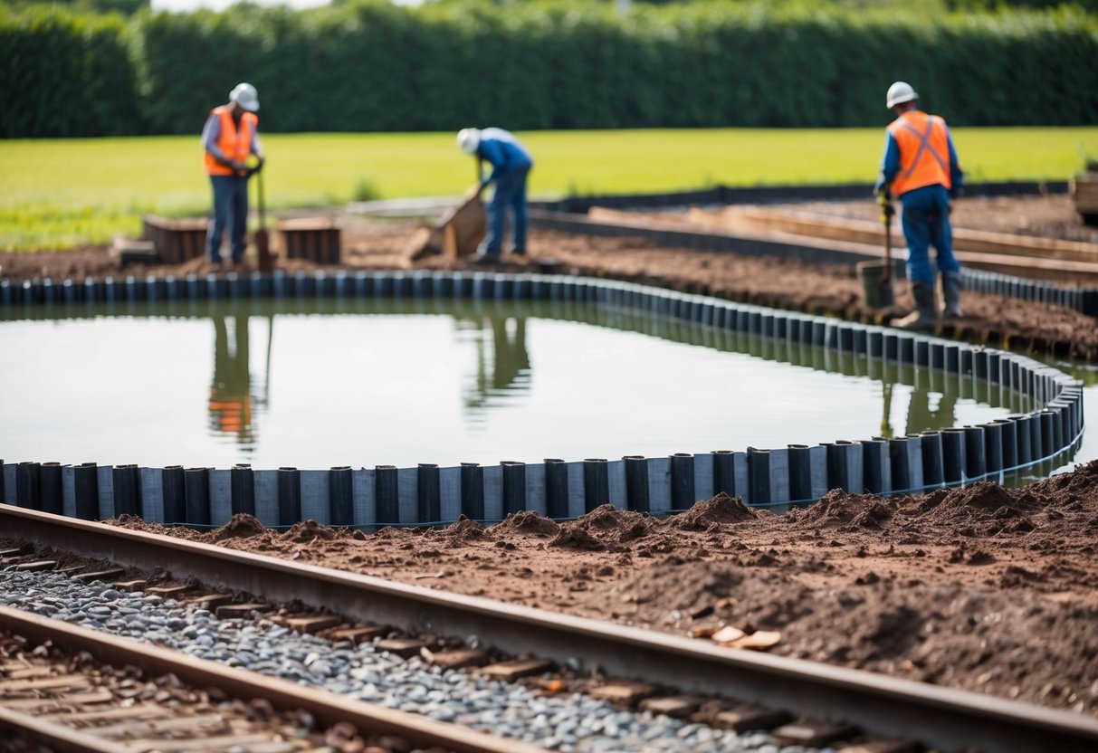 A raised pond is being lined and sealed with railway sleepers by workers