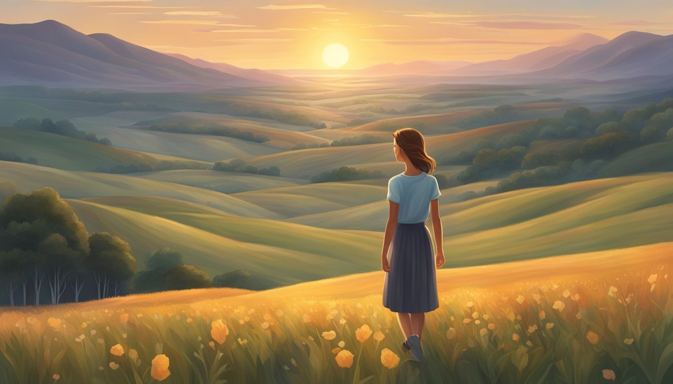 A young girl stands in a vast, open field surrounded by rolling hills and a majestic sunset, symbolizing the beginning of her journey into womanhood