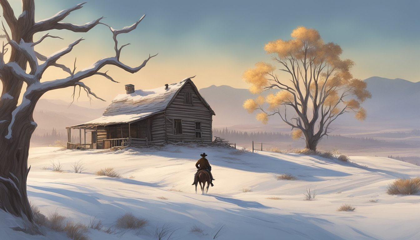 A lone cowboy rides through a desolate, snow-covered landscape, passing by a dilapidated homestead and a lone, leafless tree