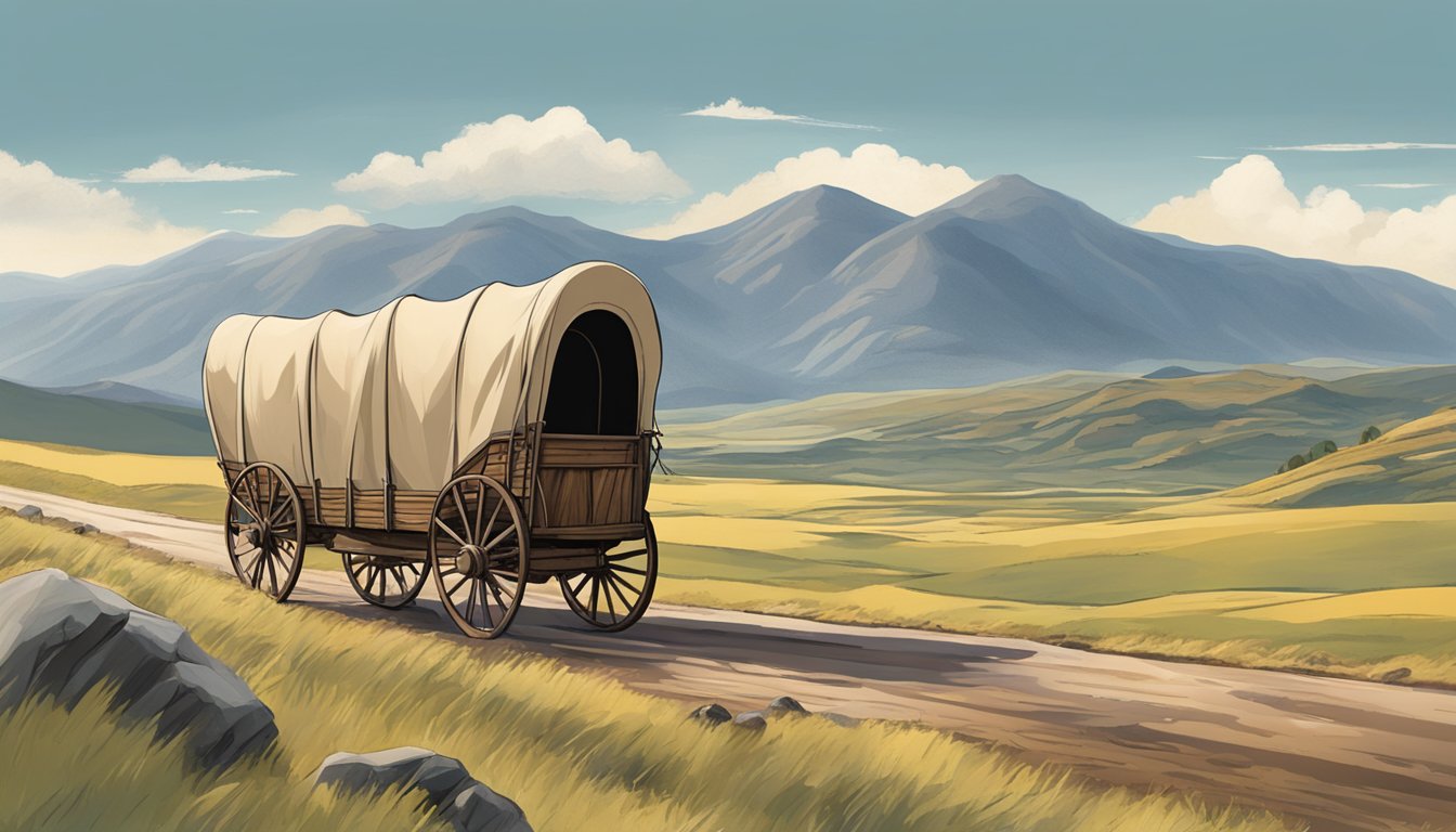 A covered wagon travels through a rugged landscape, surrounded by rolling hills and distant mountains. The sky is vast and open, with a sense of adventure and hardship in the air