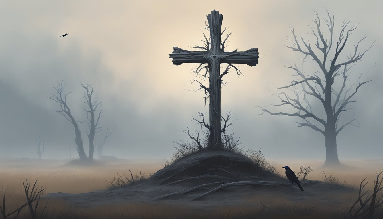 A lone, weathered cross stands in a desolate prairie, shrouded in mist and surrounded by skeletal trees. A raven perches ominously on the cross, its piercing gaze adding to the eerie atmosphere