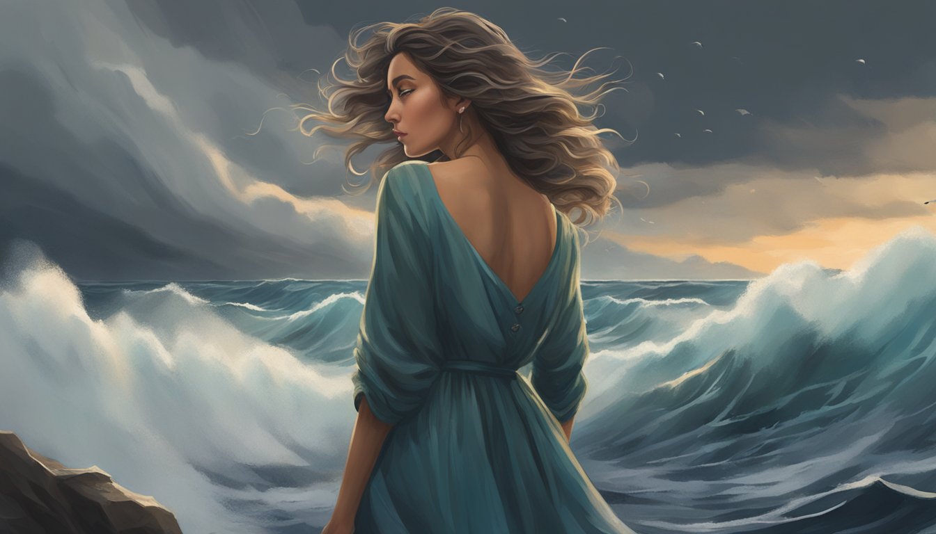 A young woman stands in a storm, her hair and dress billowing in the wind as she gazes out at the turbulent sea