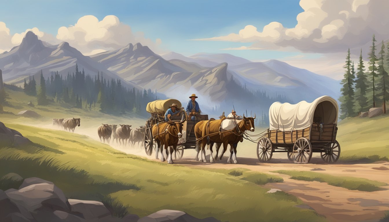 A covered wagon pulled by oxen traverses a rugged landscape as a family of pioneers and their livestock journey westward