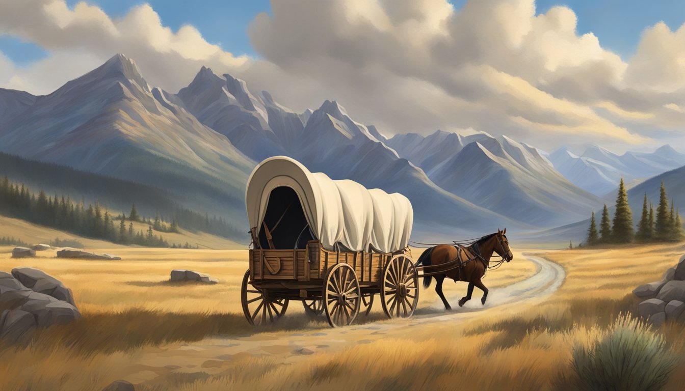 Elsa Dutton's covered wagon travels through the rugged Montana landscape, surrounded by towering mountains and vast open plains under a dramatic sky