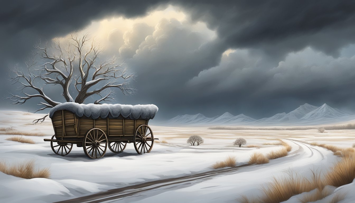 A lone wagon travels through a desolate, snow-covered landscape, flanked by skeletal trees and ominous storm clouds