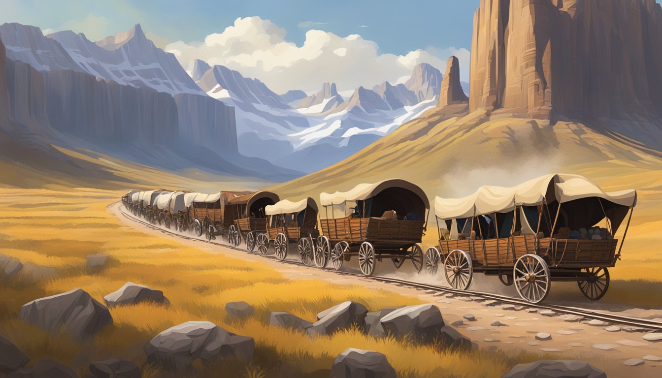 A rustic wagon train winds through rugged terrain, with sprawling prairies and towering mountains in the backdrop