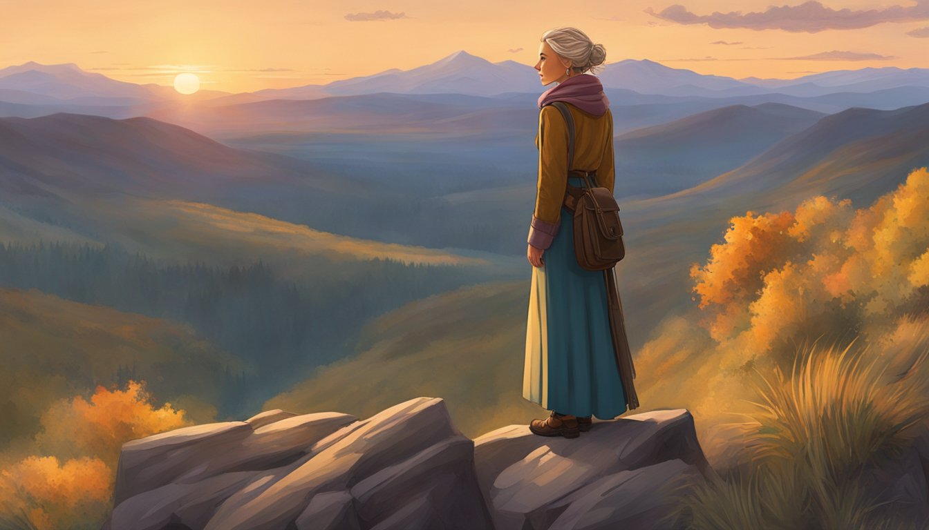 Elsa Dutton stands on a cliff, gazing out at the vast, untamed wilderness. The setting sun casts a warm glow over the rugged landscape, symbolizing the challenges and triumphs she has faced on her journey to womanhood