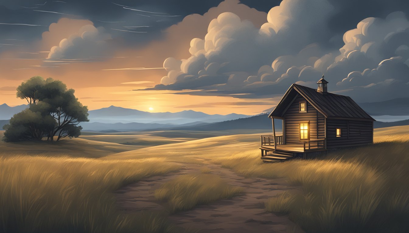 A desolate prairie landscape with a stormy sky, a lone cabin, and a flickering lantern