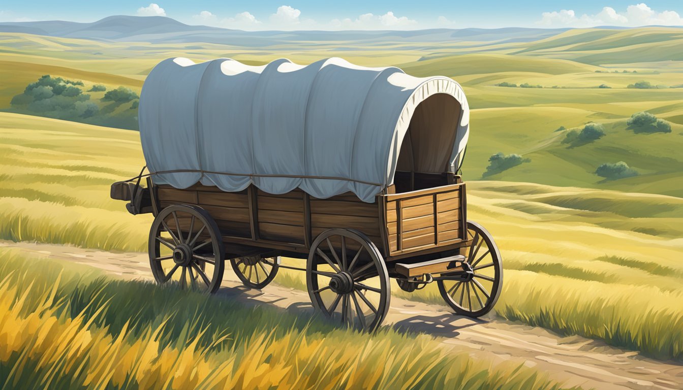 A covered wagon travels through an open prairie, with rolling hills and a clear blue sky in the background