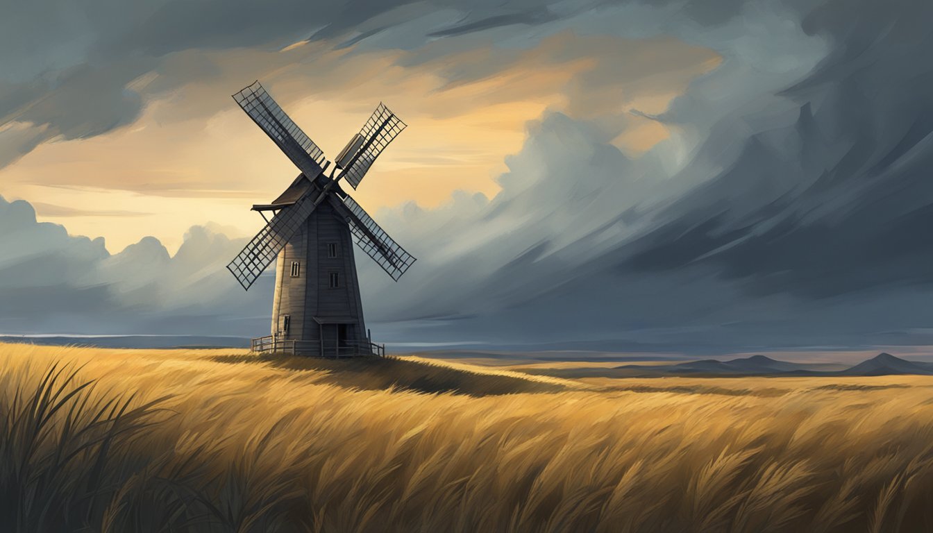 A desolate prairie with a lone, weathered windmill against a stormy sky, surrounded by wild, untamed grasses and a sense of foreboding