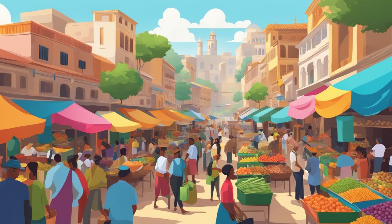 A bustling marketplace with diverse people, vibrant colors, and exotic goods from around the world