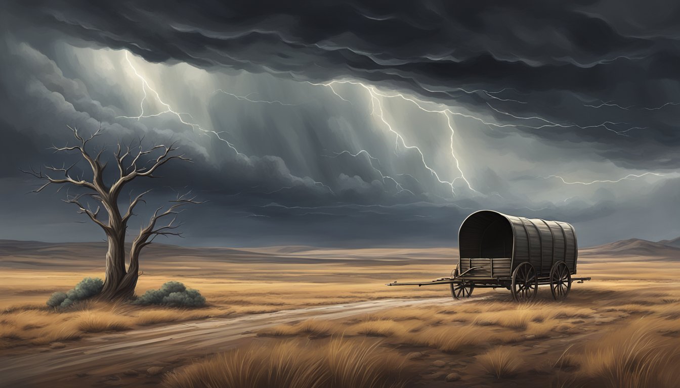 A lone wagon travels through a desolate landscape, surrounded by ominous storm clouds and barren trees