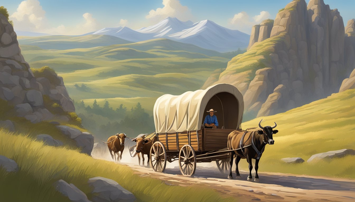 A covered wagon travels through rugged terrain, with a backdrop of rolling hills and a vast, open sky. The wagon is pulled by a team of oxen, and a sense of determination and adventure fills the air