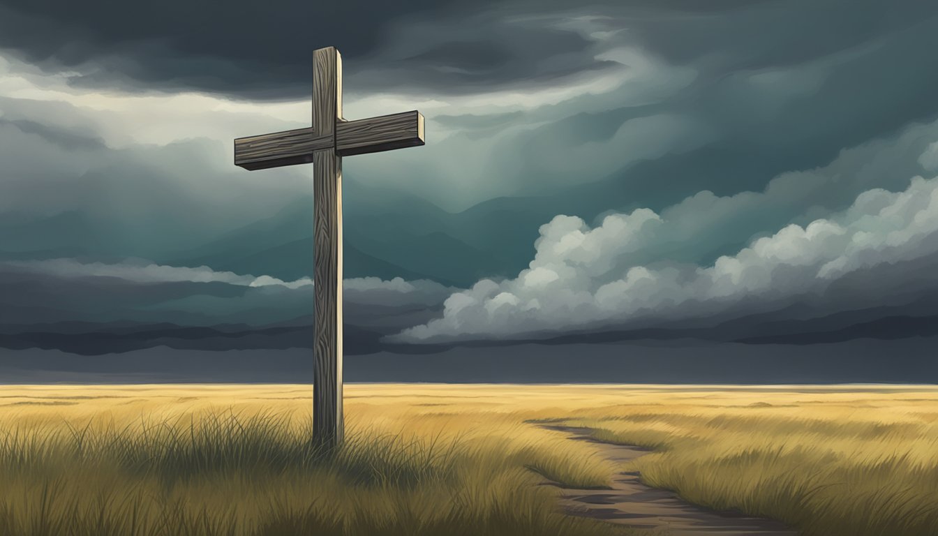 A desolate prairie with a lone, weathered cross standing against a stormy sky