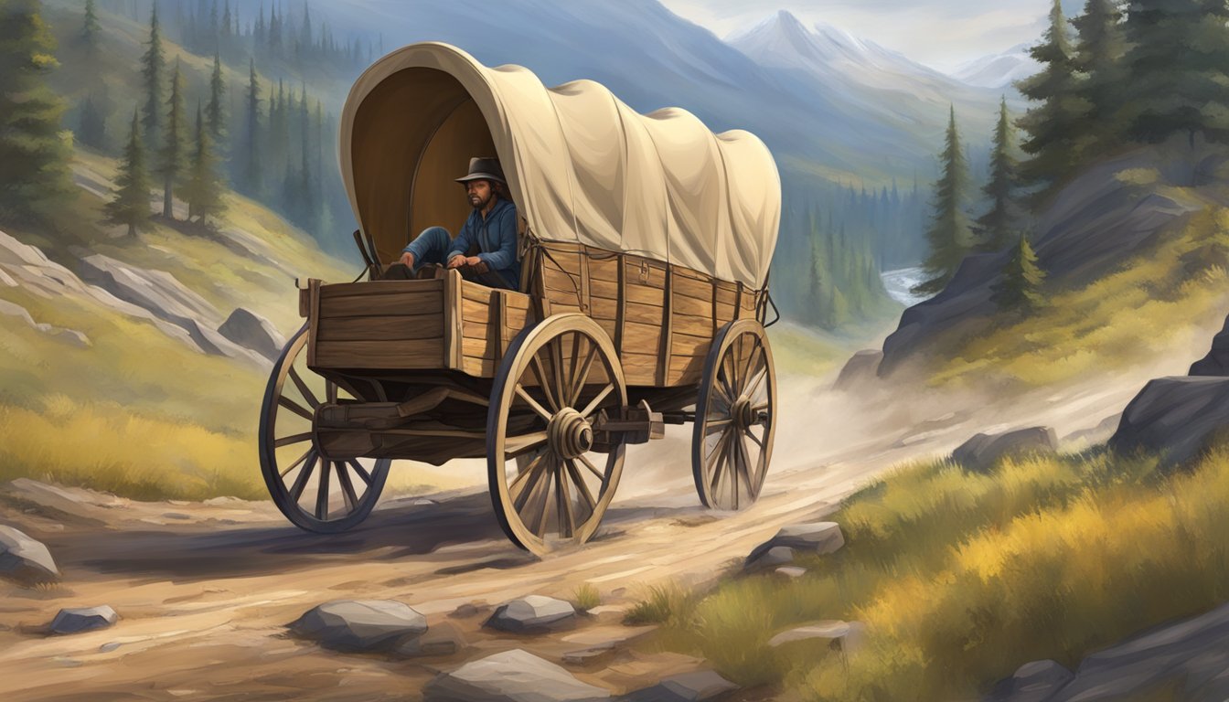 A covered wagon traverses rugged terrain, surrounded by vast, untamed wilderness