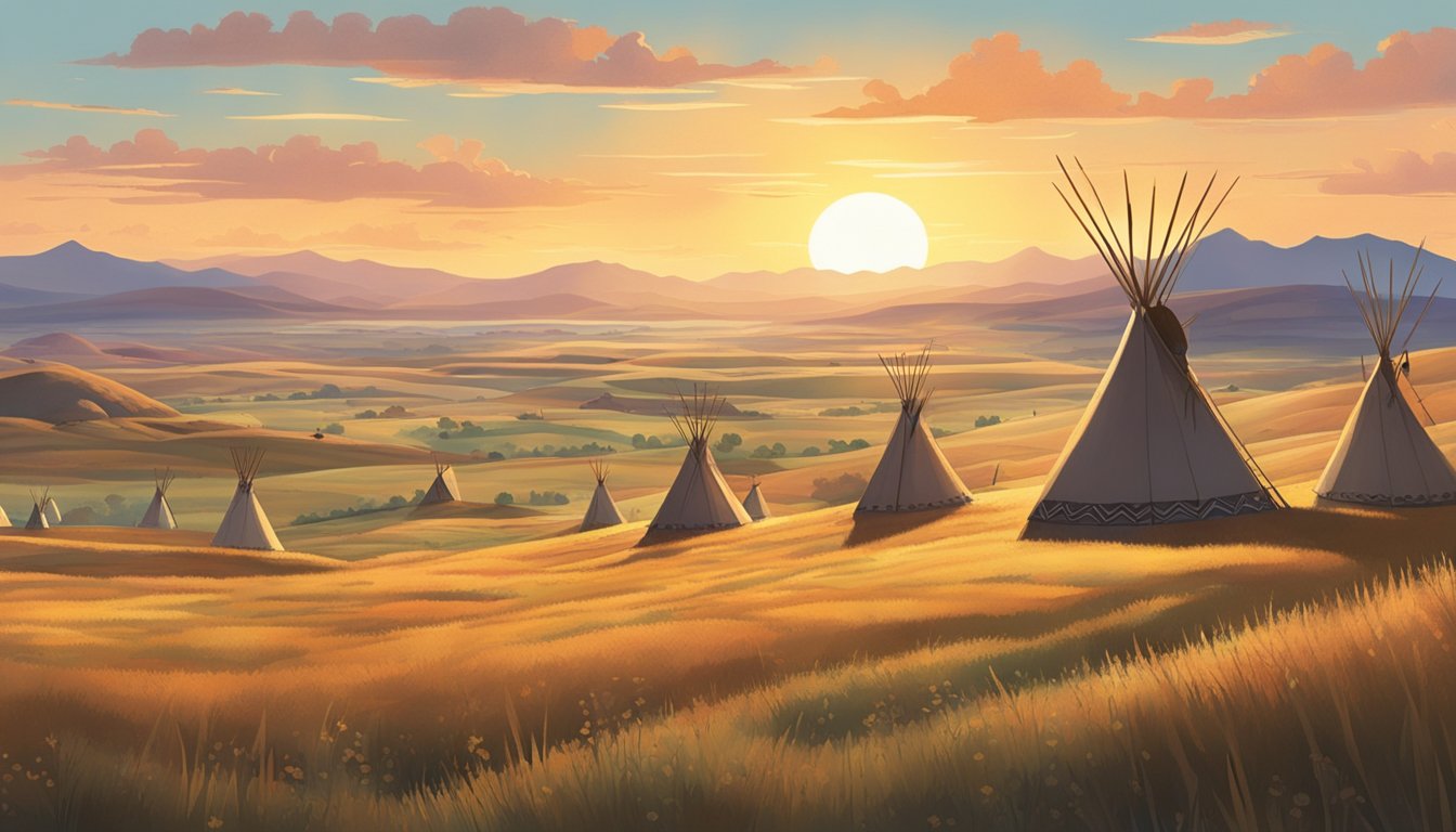 A vast, open prairie with rolling hills, dotted with teepees and a small Native American village. The sun sets behind the distant mountains, casting a warm, golden glow over the scene