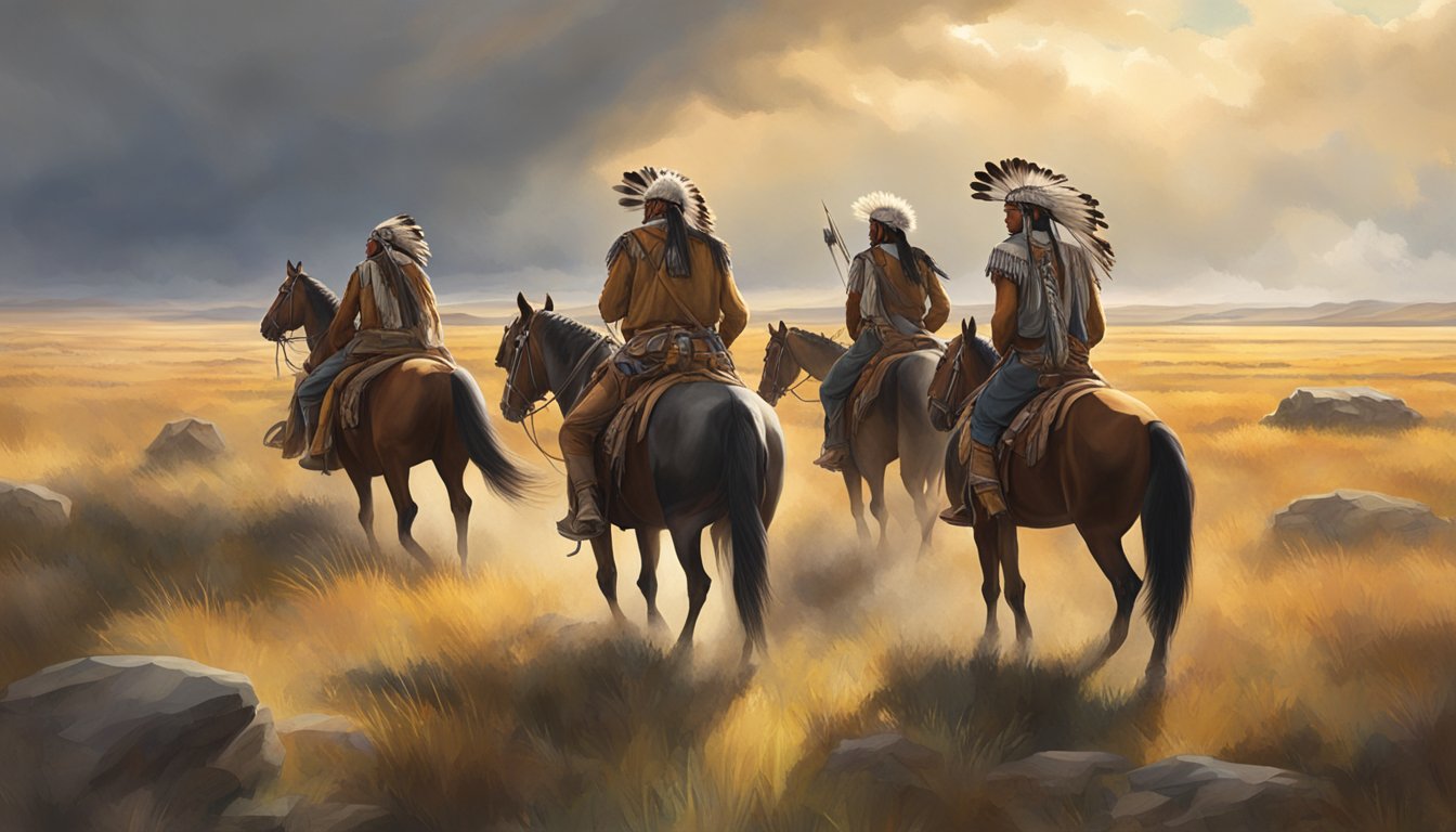 A group of Native Americans on horseback in a vast, open prairie, with a dramatic sky and rugged terrain in the background