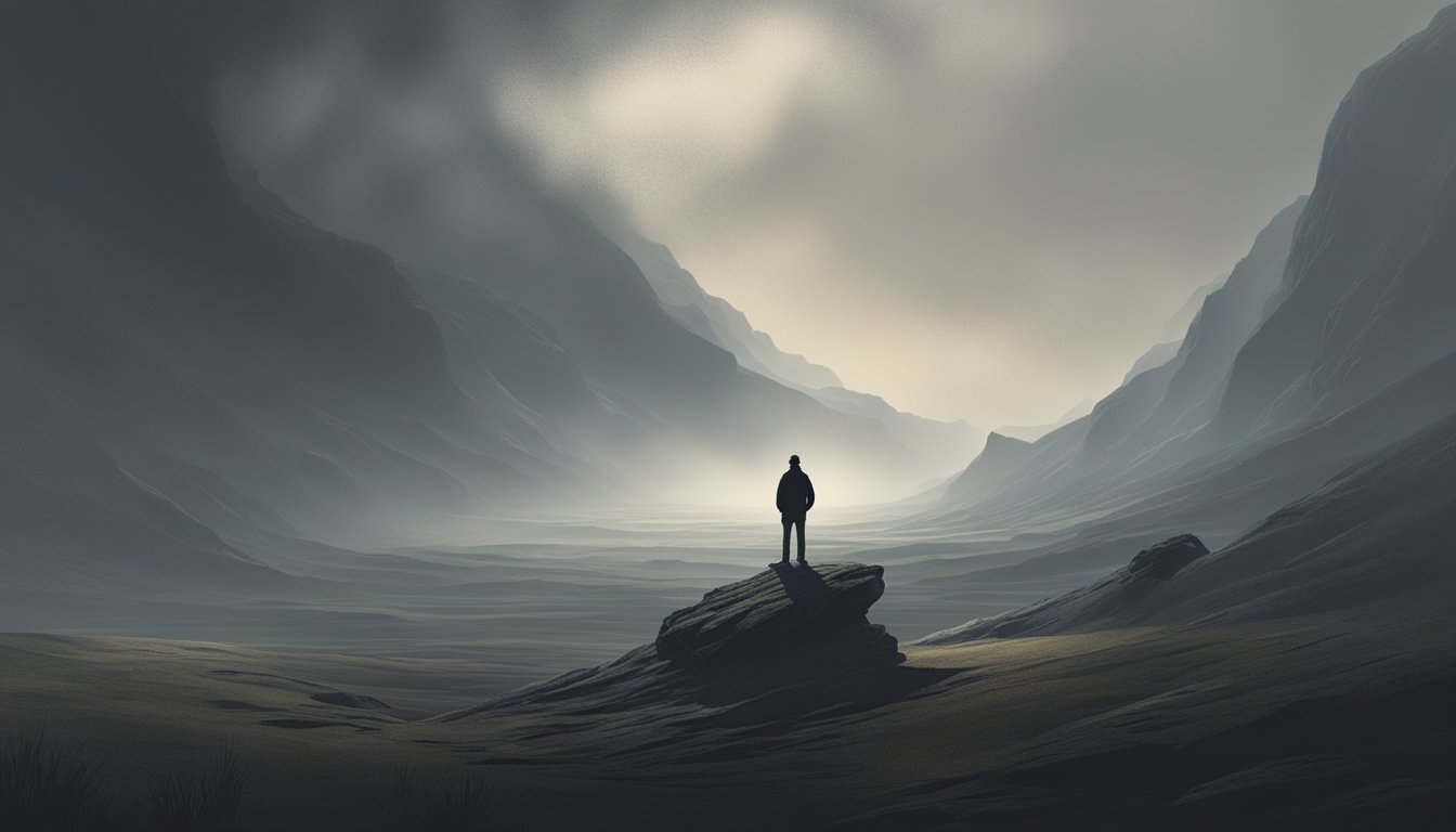 A lone figure stands in a desolate landscape, surrounded by looming shadows and swirling mist, their face contorted in anguish