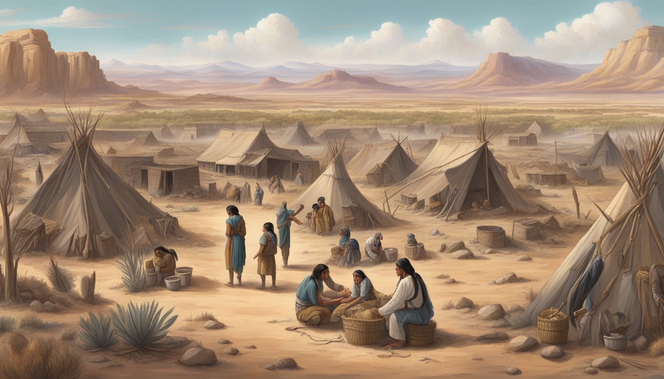 A Native American village surrounded by barren land, with a smallpox-infected member being cared for while others mourn