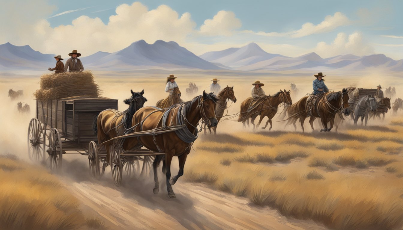 A dusty, windswept prairie with a wagon train, rugged cowboys, and pioneer women in elaborate 1880s fashion