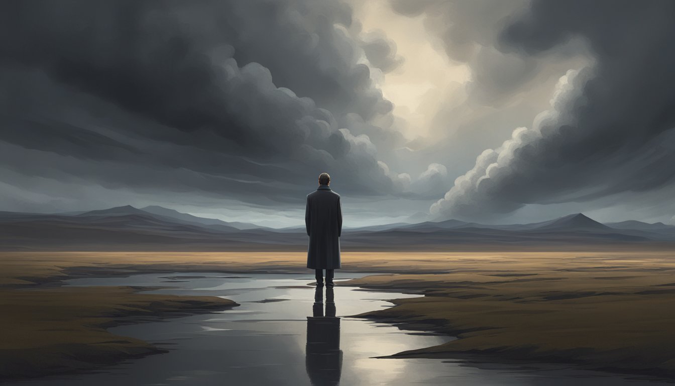 A lone figure stands in a desolate landscape, their posture reflecting inner turmoil. Dark clouds loom overhead, mirroring the character's internal struggles