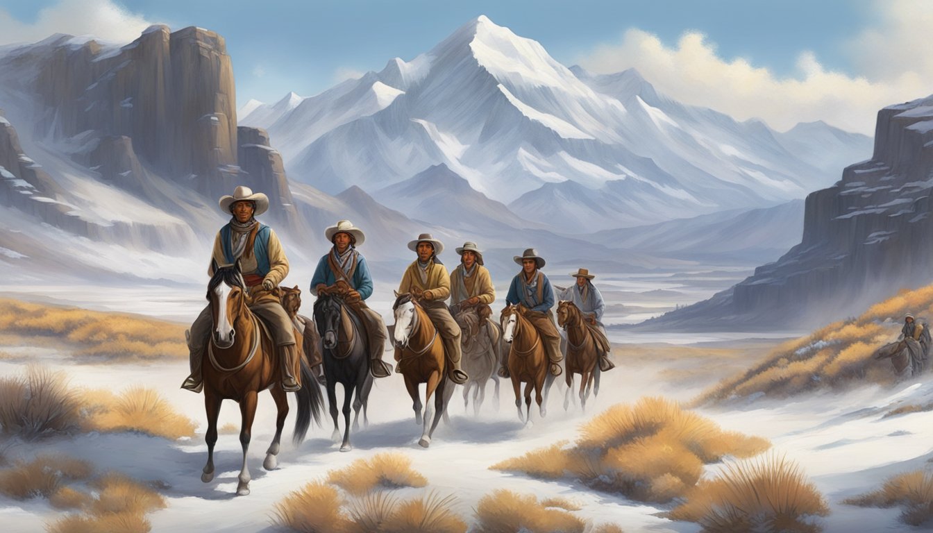 A group of Native American pioneers travel on horseback through a rugged, untamed landscape, with snow-capped mountains in the distance