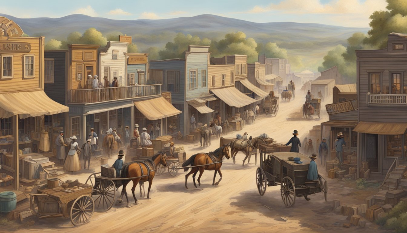 A dusty, bustling frontier town with a row of vintage clothing stores and a tailor's shop. Horses and wagons line the dirt road, and women in bonnets and men in dusters stroll the wooden sidewalks