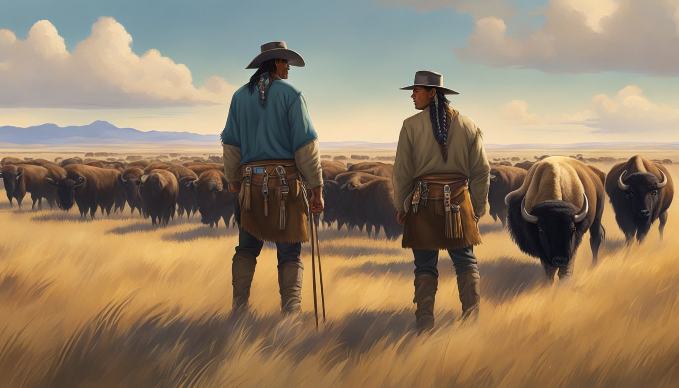 A Native American man stands proudly next to a herd of bison, with the Dutton Ranch in the background. The vast open plains stretch out behind him, under a dramatic sky