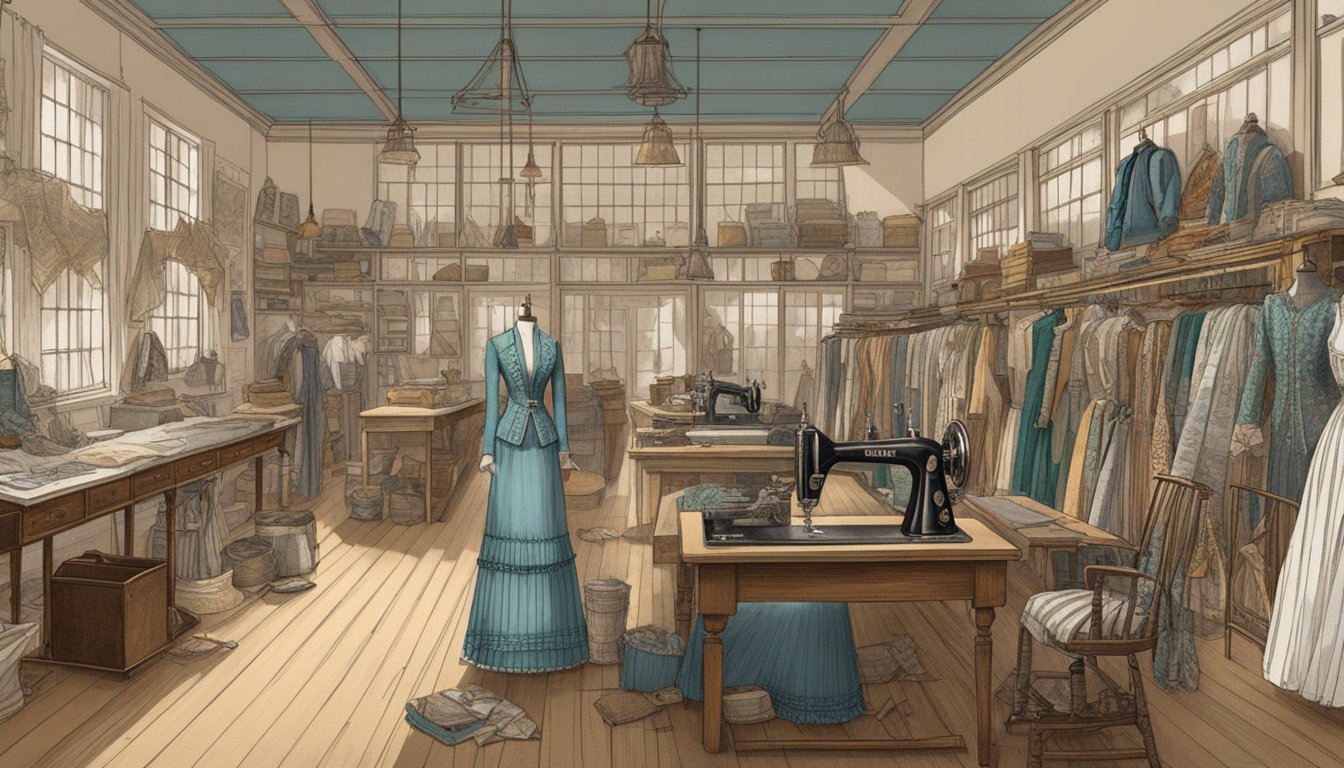 A bustling costume studio filled with vintage fabrics, sketches, and sewing machines. Design boards display intricate sketches of 1800s frontier fashion